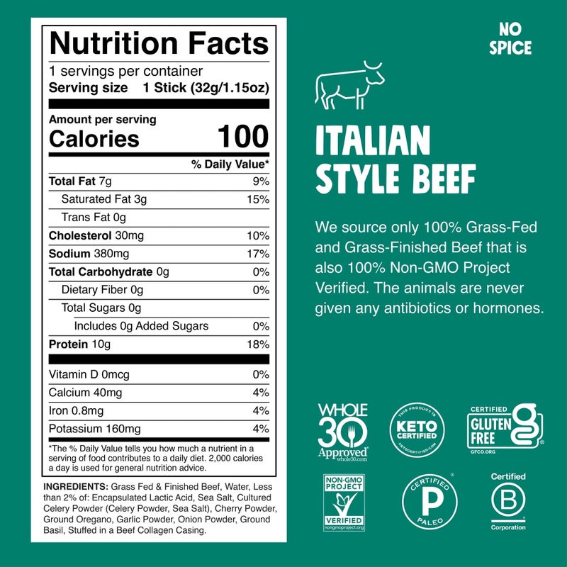 Chomps Grass-Fed and Finished Italian Beef Jerky Snack Sticks 10-Pack - Keto, Paleo, Whole30, 10g Lean Meat Protein, Gluten-Free, Zero Sugar Food, Non-GMO - Image 2